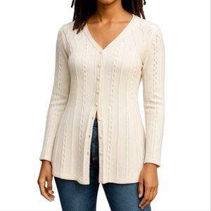 Open Cable Knit Cotton Button Up Cardigan in Ivory Size Medium NWT